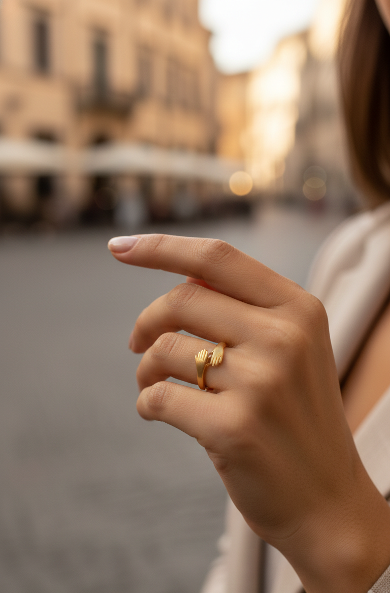 Anello Abbraccio Mani Placcato Oro - Regolabile e Simbolico