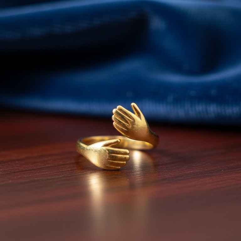 Anello Abbraccio Mani Placcato Oro - Regolabile e Simbolico