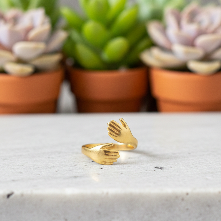Anello Abbraccio Mani Placcato Oro - Regolabile e Simbolico