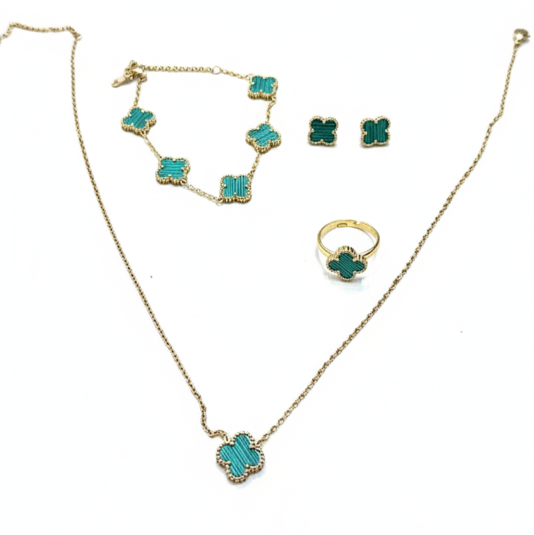 Set Completo 4 Pezzi Quadrifoglio Verde Acqua Placcato Oro - Simbolo di Fortuna e Stile