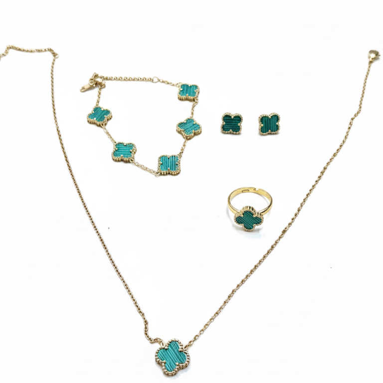 Set Completo 4 Pezzi Quadrifoglio Verde Acqua Placcato Oro - Simbolo di Fortuna e Stile