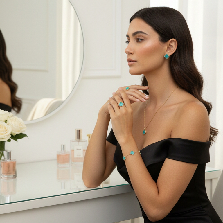 Set Completo 4 Pezzi Quadrifoglio Verde Acqua Placcato Oro - Simbolo di Fortuna e Stile