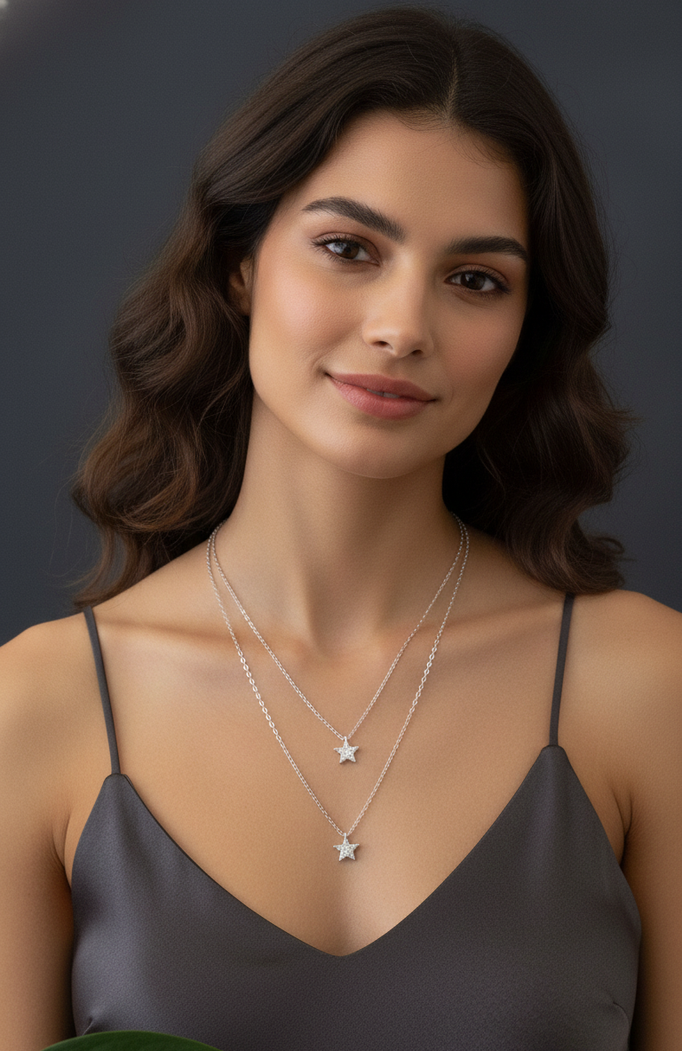 Collana Doppia Catena con Stella Pavé Placcata Rodio - Gioiello Ipoallergenico