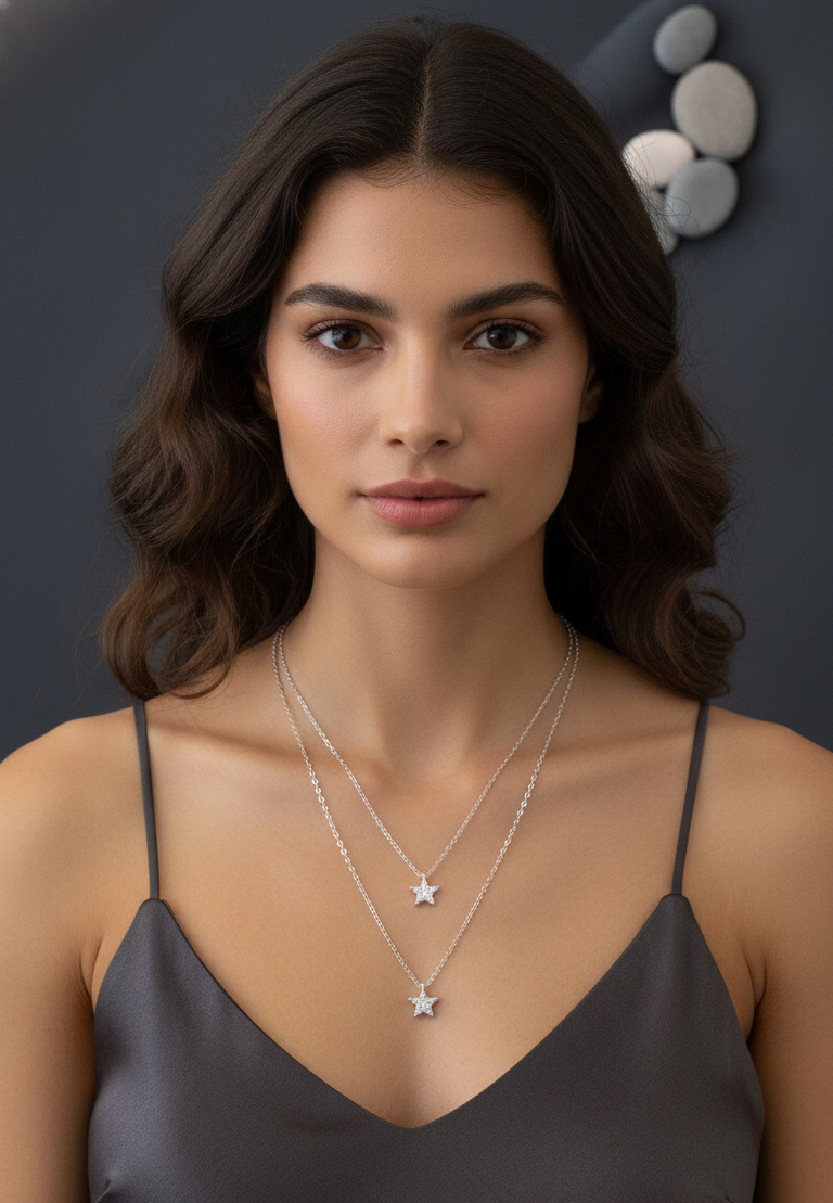 Collana Doppia Catena con Stella Pavé Placcata Rodio - Gioiello Ipoallergenico