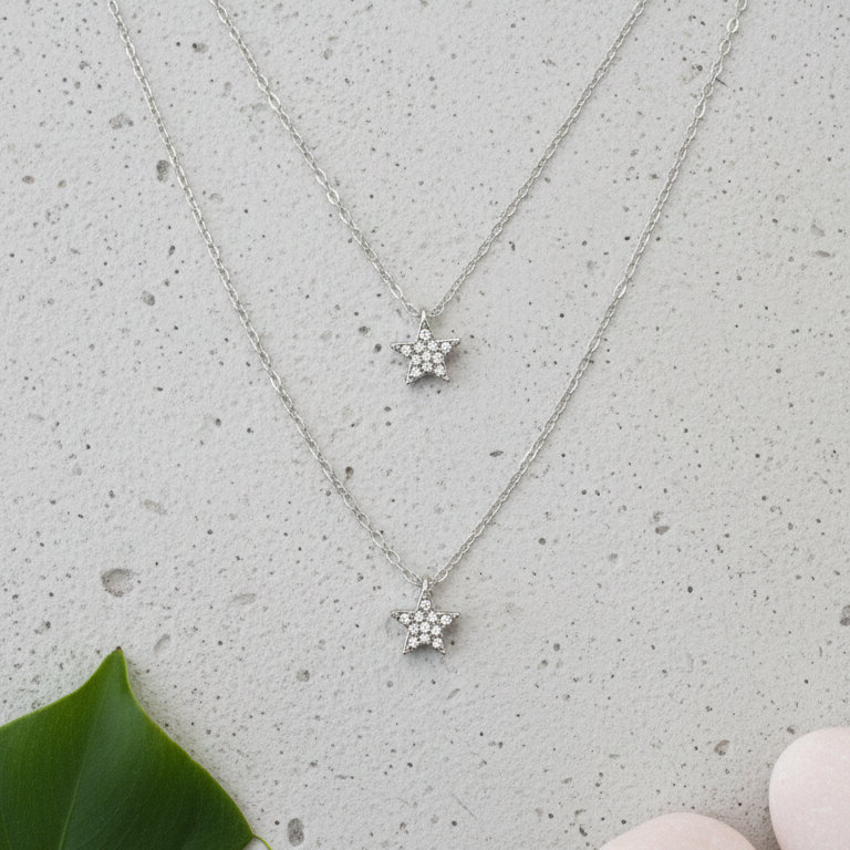 Collana Doppia Catena con Stella Pavé Placcata Rodio - Gioiello Ipoallergenico