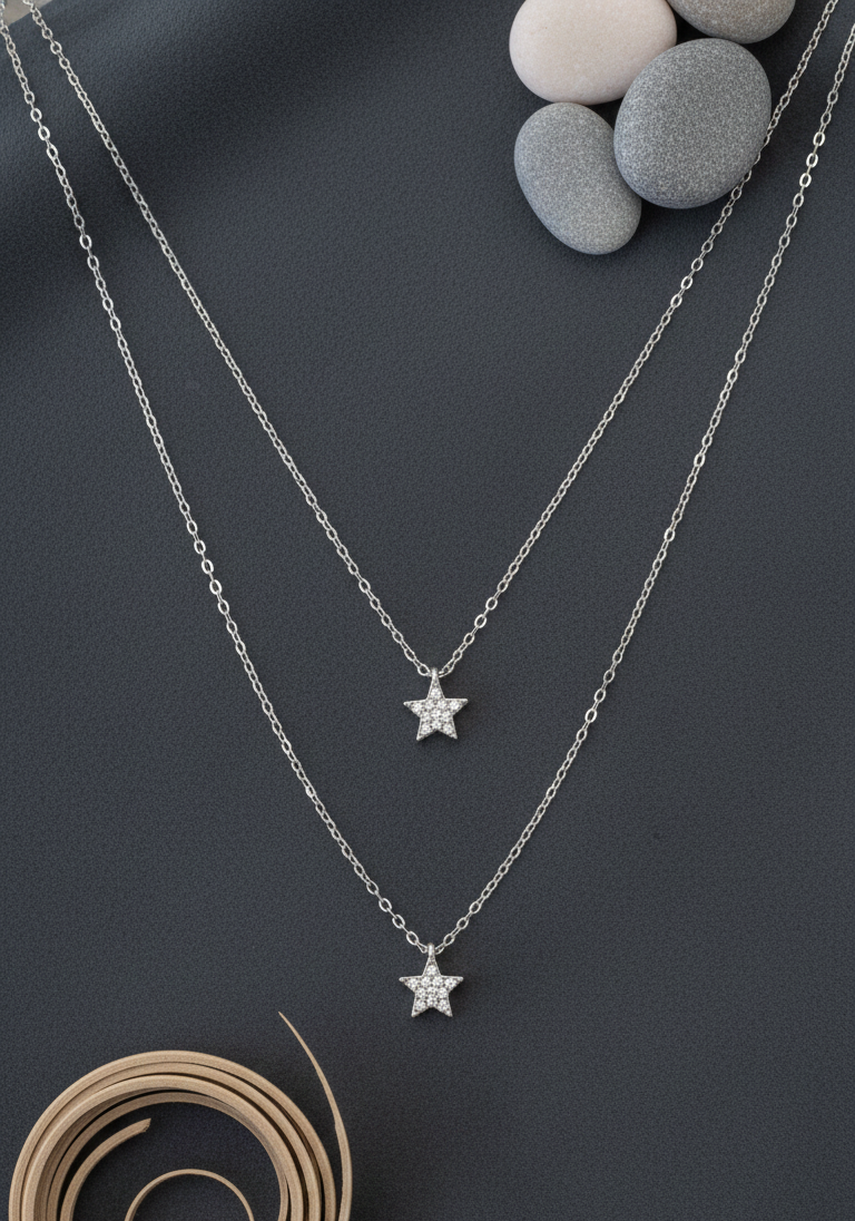 Collana Doppia Catena con Stella Pavé Placcata Rodio - Gioiello Ipoallergenico