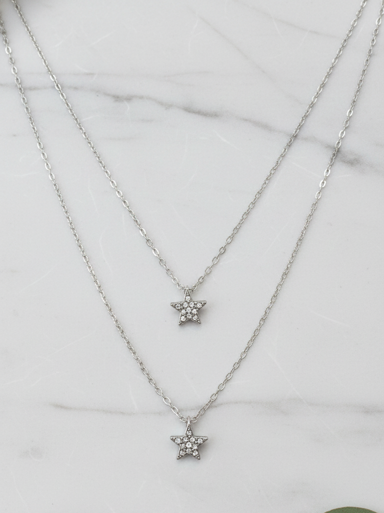 Collana Doppia Catena con Stella Pavé Placcata Rodio - Gioiello Ipoallergenico