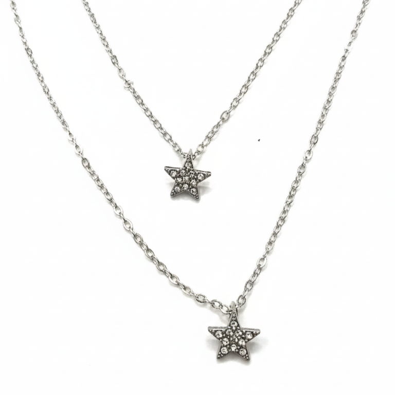 Collana Doppia Catena con Stella Pavé Placcata Rodio - Gioiello Ipoallergenico