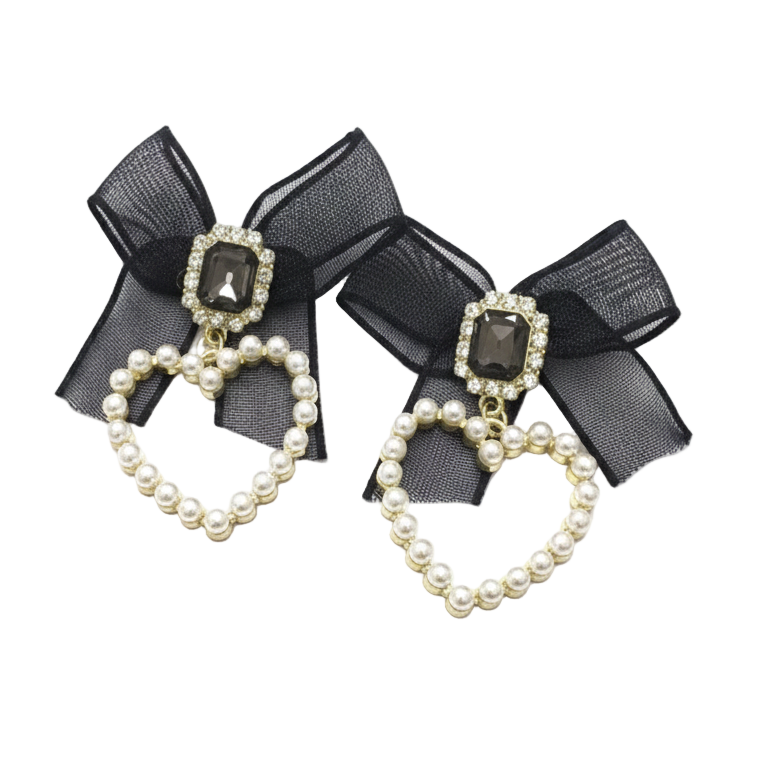 Orecchini Pendenti Fiocco Nero, Cuore Perle e Cristallo - Stile Romantico Vintage