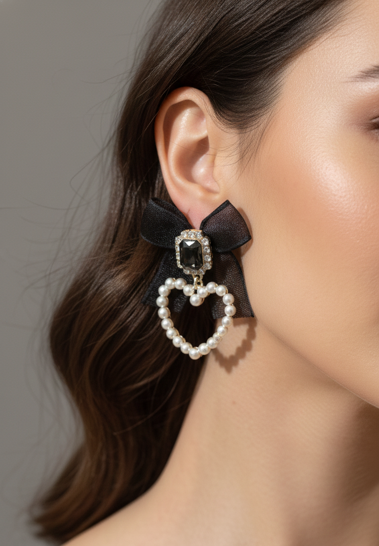 Orecchini Pendenti Fiocco Nero, Cuore Perle e Cristallo - Stile Romantico Vintage