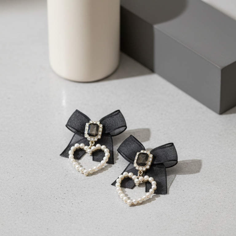 Orecchini Pendenti Fiocco Nero, Cuore Perle e Cristallo - Stile Romantico Vintage