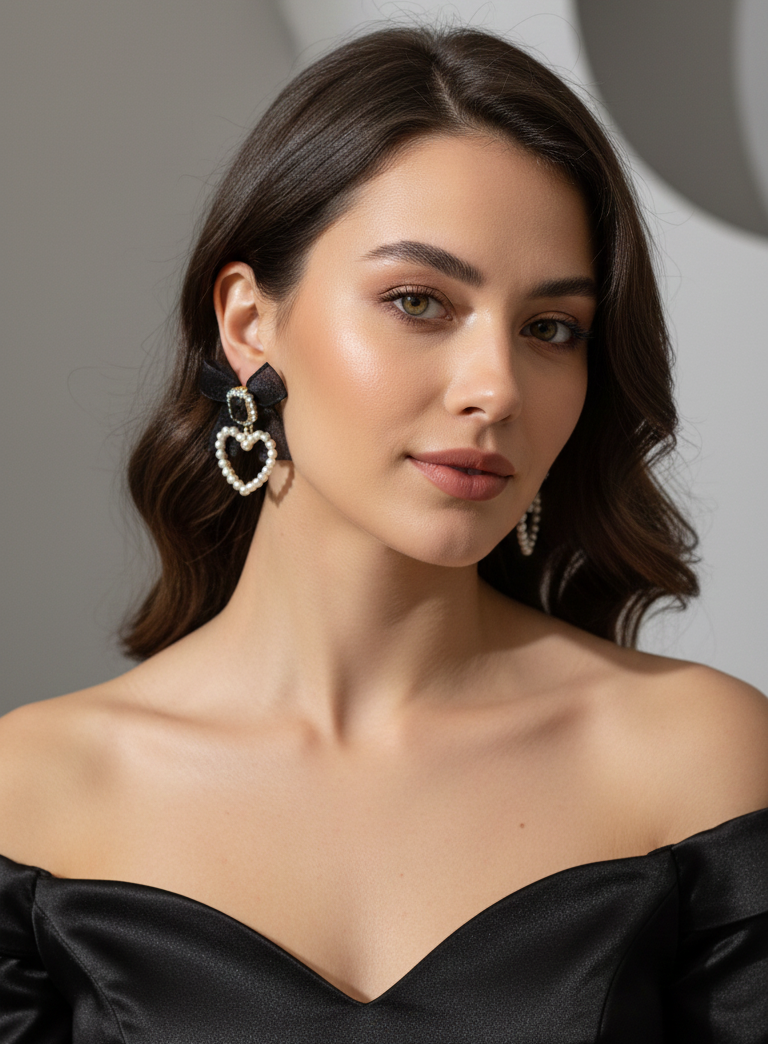 Orecchini Pendenti Fiocco Nero, Cuore Perle e Cristallo - Stile Romantico Vintage