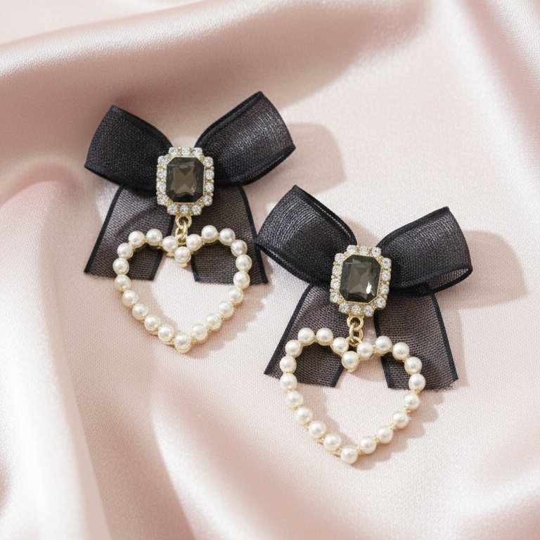 Orecchini Pendenti Fiocco Nero, Cuore Perle e Cristallo - Stile Romantico Vintage