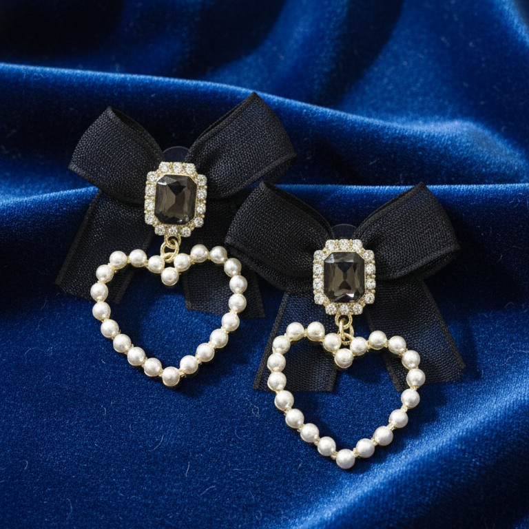 Orecchini Pendenti Fiocco Nero, Cuore Perle e Cristallo - Stile Romantico Vintage