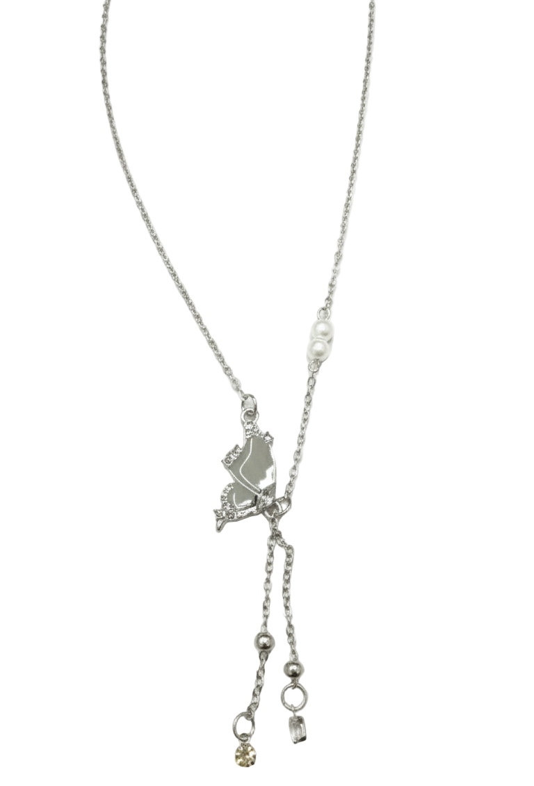 Collana Pendente Farfalla, Perle e Strass Placcata Rodio - Stile Y Delicato