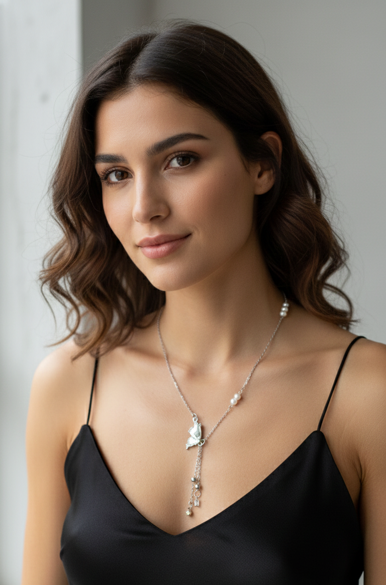 Collana Pendente Farfalla, Perle e Strass Placcata Rodio - Stile Y Delicato