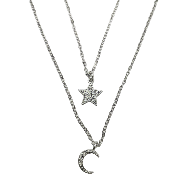 Collana Doppia a Strati Stella e Luna Pavé Placcata Rodio - Gioiello Ipoallergenico