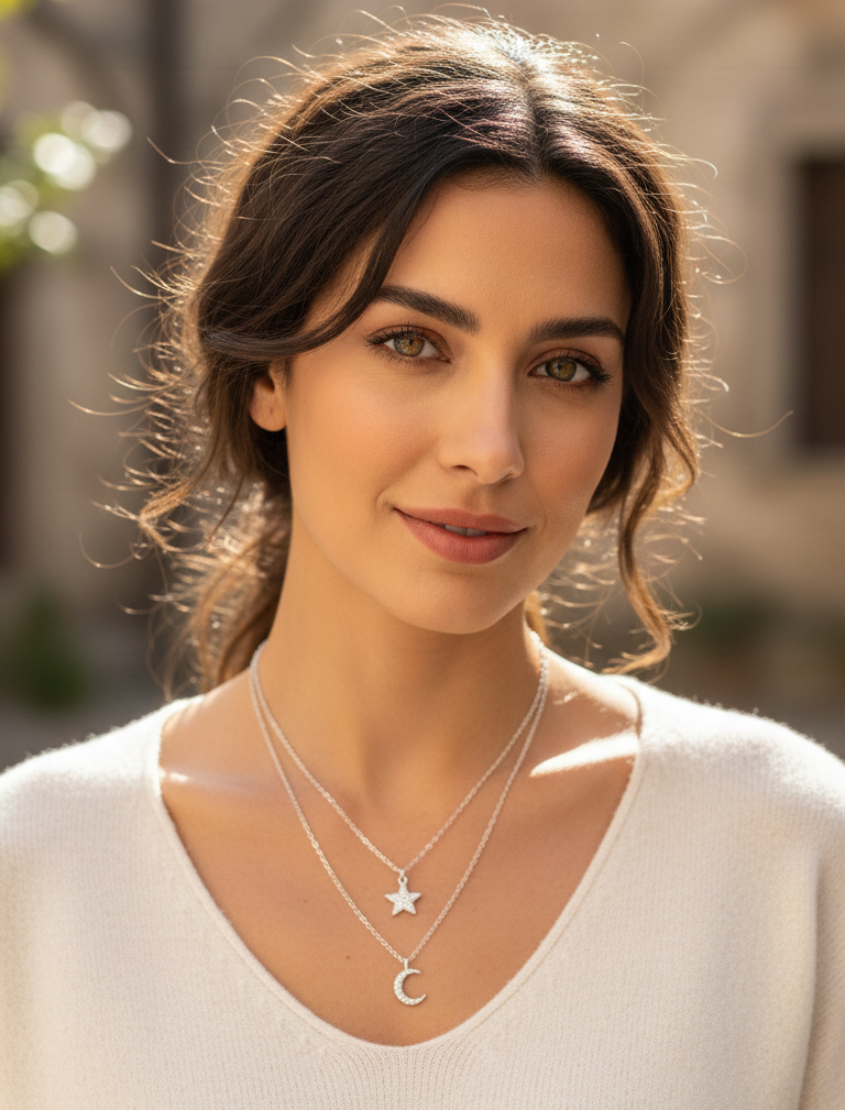 Collana Doppia a Strati Stella e Luna Pavé Placcata Rodio - Gioiello Ipoallergenico