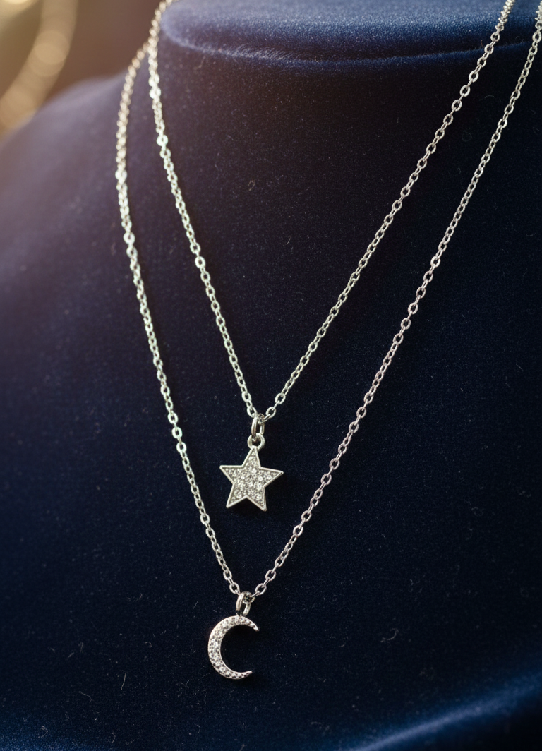 Collana Doppia a Strati Stella e Luna Pavé Placcata Rodio - Gioiello Ipoallergenico