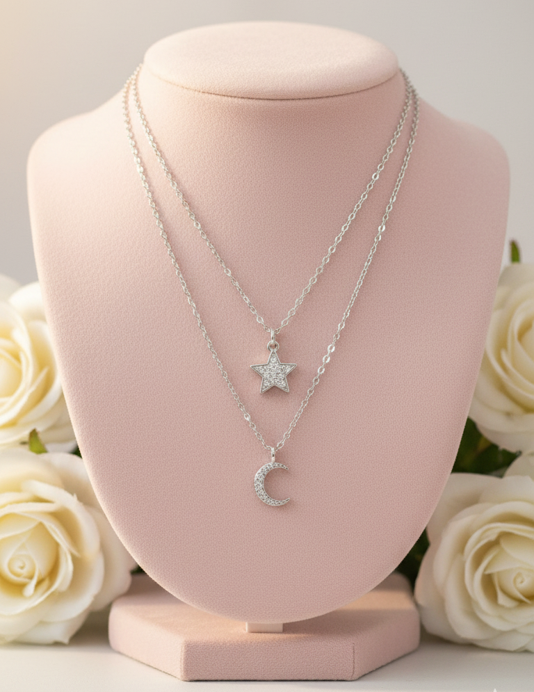 Collana Doppia a Strati Stella e Luna Pavé Placcata Rodio - Gioiello Ipoallergenico