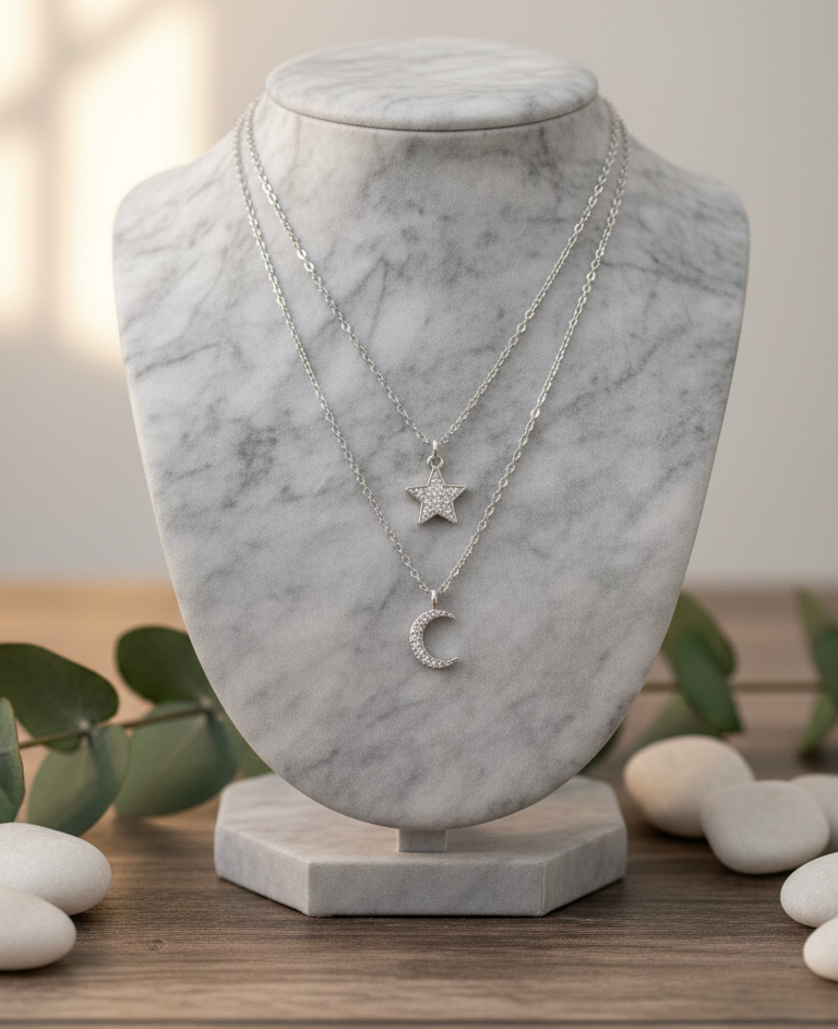 Collana Doppia a Strati Stella e Luna Pavé Placcata Rodio - Gioiello Ipoallergenico