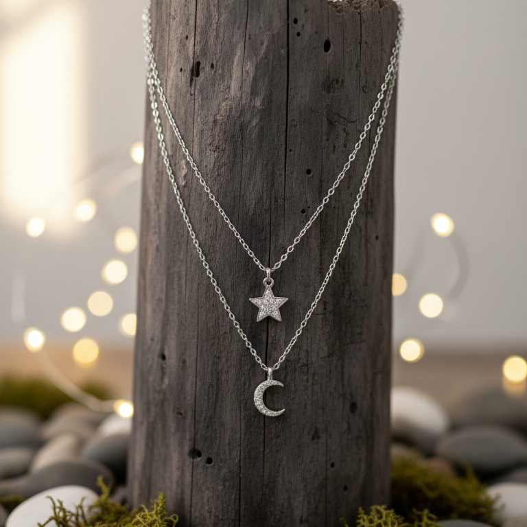 Collana Doppia a Strati Stella e Luna Pavé Placcata Rodio - Gioiello Ipoallergenico