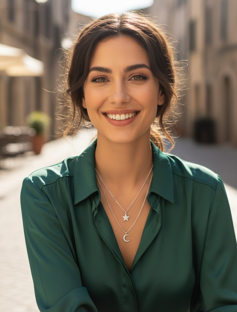 Collana Doppia a Strati Stella e Luna Pavé Placcata Rodio - Gioiello Ipoallergenico