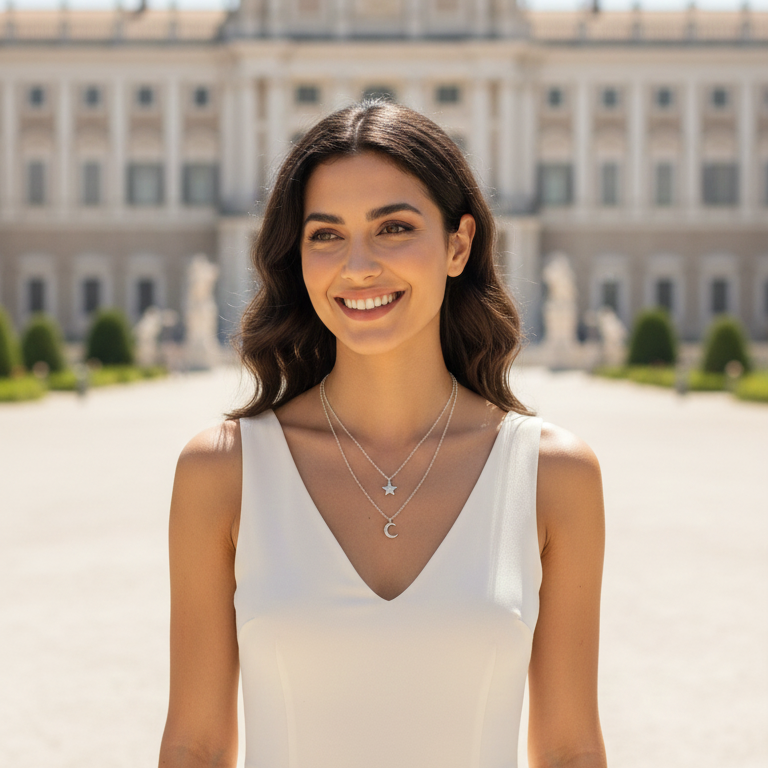 Collana Doppia a Strati Stella e Luna Pavé Placcata Rodio - Gioiello Ipoallergenico