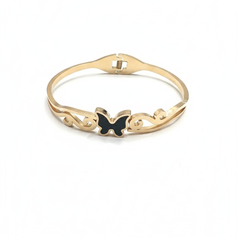 Bracciale Rigido Farfalla Nera Smaltata Placcato Oro - Design Ricamato Chic