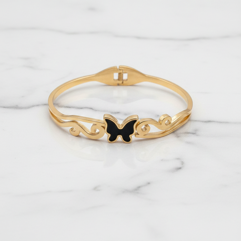 Bracciale Rigido Farfalla Nera Smaltata Placcato Oro - Design Ricamato Chic